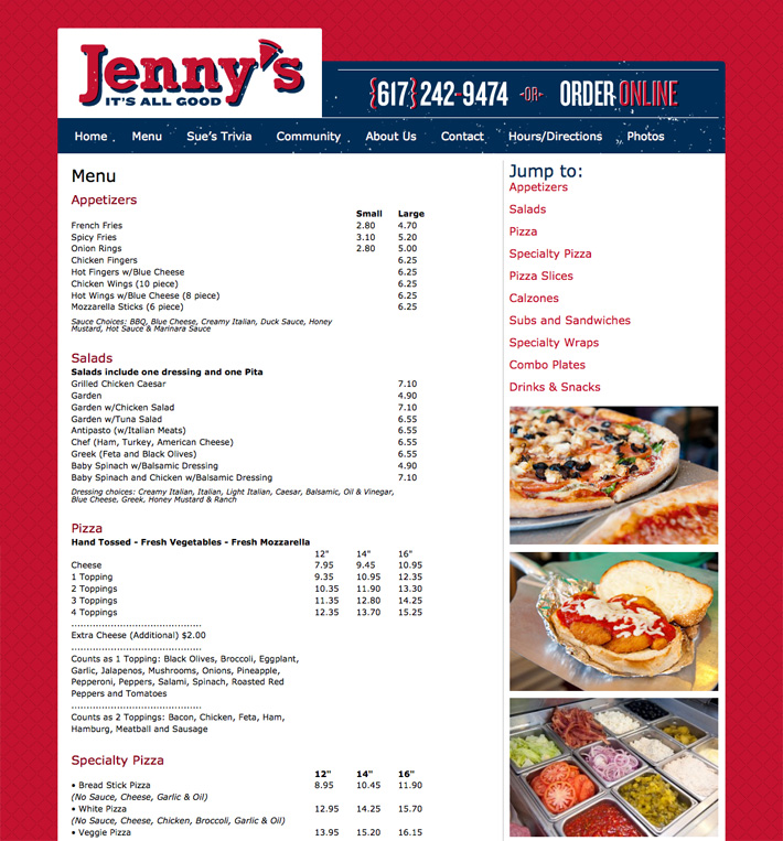 Jenny's Pizza menu page Jenny's Pizza menu page
